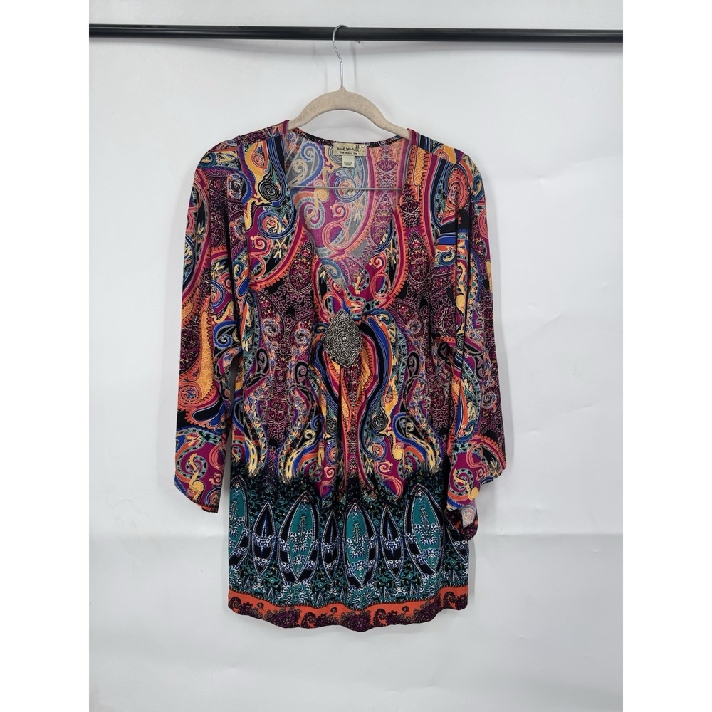 One World‎ Paisley Print Retro Tunic Embellished Women L Colorful Funky Artsy